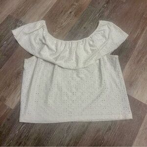 White Eyelet Off-Shoulder Blouse –Ruffle Neck – Boho Cottagecore – Size XL
